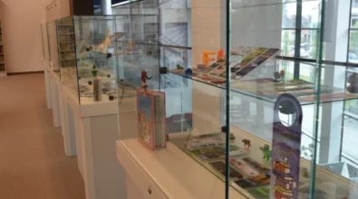 W przestrzeni Mediateki 800-lecia w Piotrkowie Trybunalskim ustawiony jest rząd szklanych gablot ekspozycyjnych prezentujących obiekty artystyczne i instalacje związane z wystawą „Pomiędzy stronami”. Zdjęcie ukazuje fragment ekspozycji widocznej w jasnym, nowoczesnym wnętrzu biblioteki.