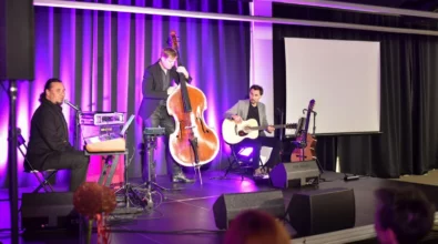 Na scenie występuje trzech muzyków podczas koncertu. Jeden z nich śpiewa i gra na instrumencie klawiszowym, drugi gra na kontrabasie, a trzeci siedzi z gitarą akustyczną. Scena oświetlona jest fioletowym światłem, a wokół widoczny jest sprzęt nagłośnieniowy i instrumenty muzyczne.