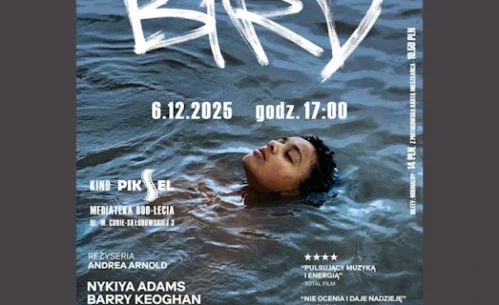 Plakat filmu „Bird”. Na tle falującej, ciemnoniebieskiej wody unosi się młoda kobieta z zamkniętymi oczami, częściowo zanurzona w wodzie. U góry widoczny jest biały, odręczny tytuł „BIRD”, poniżej data 6.12.2025 oraz godzina 17:00. Informacje o pokazie wskazują na Kino Piksel w Mediatece 800-lecia przy ul. M. Curie-Skłodowskiej 3. Plakat zawiera nazwisko reżyserki Andrea Arnold, obsadę (Nykia Adams, Barry Keoghan, Franz Rogowski), oznaczenie wiekowe 15+, cytaty z recenzji oraz logotypy festiwali filmowych.