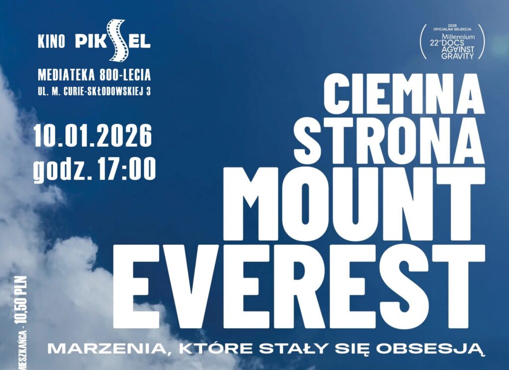 Na zdjęciu tytuł filmu, data projekcji oraz logotyp kina Piksel
