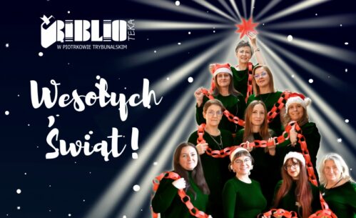 Kartka świąteczna z pracownikami Mediateki, logo biblioteki oraz napisem Wesołych Świąt.