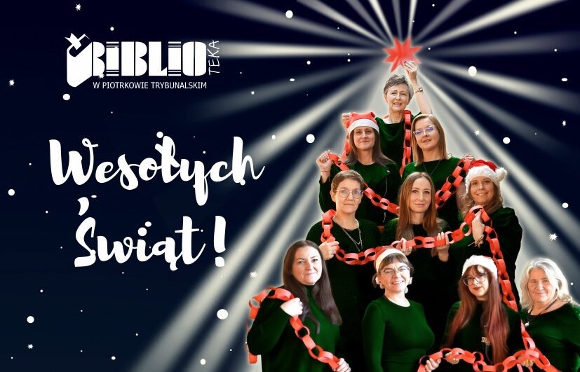 Kartka świąteczna z pracownikami Mediateki, logo biblioteki oraz napisem Wesołych Świąt.