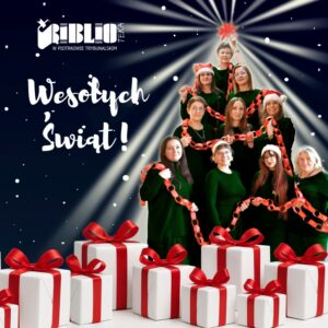 Kartka świąteczna z pracownikami Mediateki, logo biblioteki oraz napisem Wesołych Świąt.