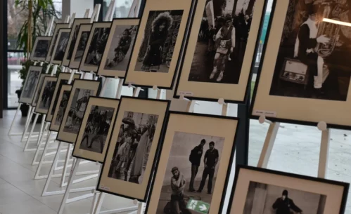 Na sztalugach ustawionych w długim rzędzie zaprezentowane są oprawione czarno-białe fotografie przedstawiające sceny z życia codziennego i portrety ludzi. Zdjęcie ukazuje fragment wystawy fotograficznej prezentowanej w przestrzeni Miejskiej Biblioteki Publicznej.