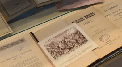 W szklanej gablocie wystawowej widoczne są archiwalne dokumenty i publikacje z XIX wieku, w tym reprodukcje ilustracji oraz opisy dotyczące wydarzeń historycznych. Zdjęcie przedstawia fragment wystawy poświęconej Powstaniu Styczniowemu prezentowanej w Miejskiej Bibliotece Publicznej im. Adama Próchnika.