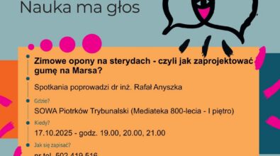 Plakat informacyjny SOWA Piotrków Trybunalski z hasłem „Nauka ma głos”, zapowiadający spotkanie pt. „Zimowe opony na sterydach – czyli jak zaprojektować gumę na Marsa?”. Na grafice podano, że wydarzenie poprowadzi dr inż. Rafał Anyszka, odbędzie się 17 października 2025 roku o godzinach 19.00, 20.00 i 21.00 w SOWA Piotrków Trybunalski w Mediatece 800-lecia na pierwszym piętrze oraz zawarto numer telefonu do zapisów.