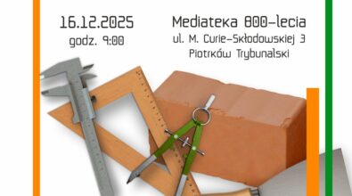 Plakat informujący o drużynowym konkursie matematycznym „MatMajsterka” dla uczniów klas VII–VIII szkół podstawowych. Grafika utrzymana jest w nowoczesnej stylistyce z geometrycznymi, kolorowymi liniami w odcieniach pomarańczu, zieleni i czerwieni. W centralnej części znajduje się nazwa konkursu oraz informacje organizacyjne: data wydarzenia 16 grudnia 2025 roku, godzina 9:00, miejsce Mediateka 800-lecia przy ul. Marii Curie-Skłodowskiej 3 w Piotrkowie Trybunalskim. W dolnej części plakatu podano termin zgłoszeń do 1 grudnia 2025 roku wraz z informacją o miejscu zapisów w pokoju 1.11 w Innowacyjnym Centrum Nauki i Techniki oraz adres strony internetowej biblioteka.piotrkow.pl. Na grafice widoczne są narzędzia stolarskie i pomiarowe, takie jak suwmiarka, kątownik, cyrkiel, kielnia i cegła, symbolicznie nawiązujące do praktycznego wymiaru matematyki. W dolnej części umieszczono logotypy Mediateki 800-lecia, Fundacji mBanku, Piotrkowa Trybunalskiego oraz Biblioteki w Piotrkowie Trybunalskim.