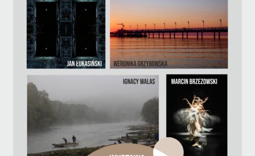 Plakat wystawy fotografii uczniów i absolwentów Zespołu Szkół Ponadpodstawowych nr 5 zatytułowanej „Fototechnika”, prezentowanej w Mediatece 800-lecia w Piotrkowie Trybunalskim. Na plakacie widoczne są cztery przykładowe fotografie autorstwa młodych twórców, przedstawiające abstrakcyjną architekturę, molo o zachodzie słońca, krajobraz rzeczny we mgle oraz dynamiczną sylwetkę tancerki. Wystawa odbywa się w terminie od 3 do 26 lutego 2026 roku, a wernisaż zaplanowano na 7 lutego 2026 roku o godzinie 16.00. Na dole plakatu umieszczono logotypy instytucji współorganizujących wydarzenie.