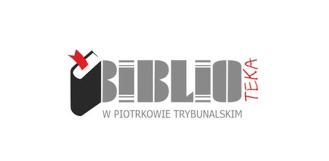 Logotyp Biblioteki w Piotrkowie Trybunalskim z napisem „BIBLIOteka”, przedstawiający stylizowaną literę B w kolorze czarnym z czerwonym akcentem oraz dopisek „w Piotrkowie Trybunalskim”.