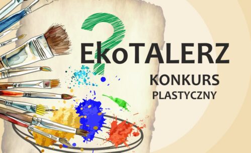 Plakat konkursu plastycznego „EkoTALERZ” skierowanego do dzieci w wieku przedszkolnym oraz uczniów szkół podstawowych, utrzymany w jasnej, ekologicznej kolorystyce. Po lewej stronie widoczne są pędzle i farby rozlane na talerzu, a w centralnej części umieszczono znak zapytania symbolizujący kreatywne podejście do tematu konkursu. Na plakacie znajdują się informacje o terminie zgłoszeń do 20 marca 2026 roku, miejscu składania prac w Mediatece 800-lecia przy ul. Marii Curie-Skłodowskiej 3 w Piotrkowie Trybunalskim oraz logotypy instytucji współorganizujących wydarzenie.