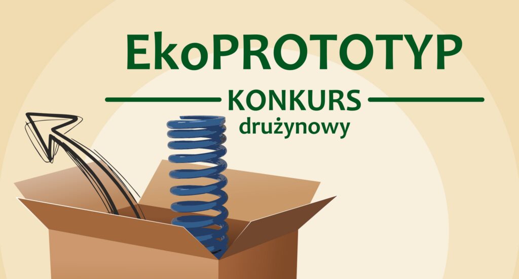 Plakat informacyjny zapowiadający drużynowy konkurs „EkoPROTOTYP” skierowany do uczniów klas VII–VIII szkół podstawowych oraz szkół ponadpodstawowych. Na grafice widoczna jest ilustracja kartonowego pudełka z elementami technicznymi, informacja o miejscu w Mediatece 800-lecia przy ul. Marii Curie-Skłodowskiej 3 w Piotrkowie Trybunalskim oraz terminie składania prac do 20 marca 2026 roku.