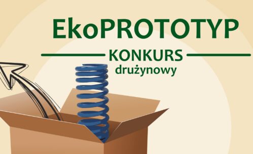 Plakat informacyjny zapowiadający drużynowy konkurs „EkoPROTOTYP” skierowany do uczniów klas VII–VIII szkół podstawowych oraz szkół ponadpodstawowych. Na grafice widoczna jest ilustracja kartonowego pudełka z elementami technicznymi, informacja o miejscu w Mediatece 800-lecia przy ul. Marii Curie-Skłodowskiej 3 w Piotrkowie Trybunalskim oraz terminie składania prac do 20 marca 2026 roku.