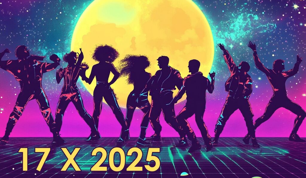 Plakat wydarzenia „Silent Disco” organizowanego w ramach Nocy Bibliotek, przedstawiający sylwetki tańczących osób na tle dużego, żółtego księżyca i kolorowej, kosmicznej scenerii. Na grafice podano datę 17 października 2025 roku, godziny wydarzenia 17.00–21.00 oraz informację, że jest to cicha dyskoteka z bezprzewodowymi słuchawkami odbywająca się w Mediatece 800-lecia przy ul. Marii Curie-Skłodowskiej 3 w Piotrkowie Trybunalskim.