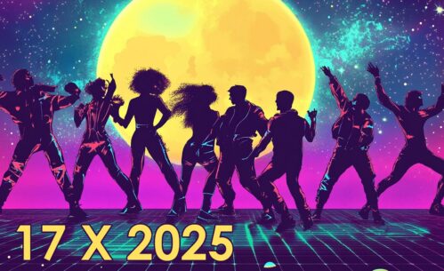 Plakat wydarzenia „Silent Disco” organizowanego w ramach Nocy Bibliotek, przedstawiający sylwetki tańczących osób na tle dużego, żółtego księżyca i kolorowej, kosmicznej scenerii. Na grafice podano datę 17 października 2025 roku, godziny wydarzenia 17.00–21.00 oraz informację, że jest to cicha dyskoteka z bezprzewodowymi słuchawkami odbywająca się w Mediatece 800-lecia przy ul. Marii Curie-Skłodowskiej 3 w Piotrkowie Trybunalskim.