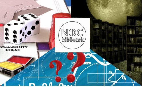 Grafika promująca Noc Bibliotek z centralnie umieszczonym logo „NDC bibliotek” oraz czerwonymi znakami zapytania na tle motywów związanych z wiedzą i rozrywką. Po lewej stronie widoczne są elementy gry planszowej z kostkami i kartami, a po prawej regały z książkami na tle dużego księżyca. W dolnej części grafiki znajdują się schematy naukowe oraz logotypy Miasta Piotrkowa Trybunalskiego, Biblioteki w Piotrkowie Trybunalskim i Mediateki.