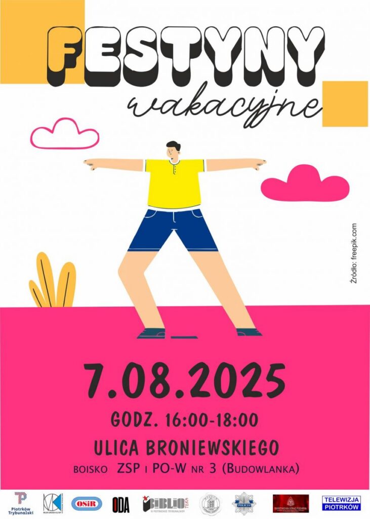 Plakat zaprasza na Festyny wakacyjne, które odbędą się 28 sierpnia 2025 roku w godz. 16:00–18:00 przy Mediatece 800-lecia w Piotrkowie Trybunalskim przy ul. Marii Curie-Skłodowskiej 3. Na grafice przedstawiono kolorową, ilustracyjną scenę z parą osób trzymających się za ręce, otoczonych prostymi kształtami roślin i obłoków w żywych barwach. Na dole plakatu widnieją logotypy organizatorów i partnerów wydarzenia, w tym Miasta Piotrków Trybunalski, Ośrodka Sportu i Rekreacji, Ośrodka Działań Artystycznych, Miejskiej Biblioteki Publicznej, Mediateki 800-lecia oraz Telewizji Piotrków. Całość utrzymana jest w radosnej, letniej stylistyce.
