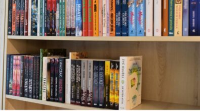 Na zdjęciu widoczny jest regał z książkami w bibliotece. Na półkach znajdują się różnorodne tytuły ułożone starannie grzbietami na zewnątrz. W górnej części widzimy książki o kolorowych okładkach, m.in. „Nie zostawaj influencerem” i „Nowy projekt Maggie”. Na dolnej półce znajdują się między innymi powieści „Złe dzieci”, „Wojna o lekarzy” oraz „Walczak”. Na dole zdjęcia widnieją logotypy: Narodowego Programu Rozwoju Czytelnictwa 2.0, Ministerstwa Kultury i Dziedzictwa Narodowego oraz Biblioteki Narodowej. Umieszczono także informację o dofinansowaniu ze środków Ministra Kultury w ramach NPRCz 2.0 na lata 2021–2025.