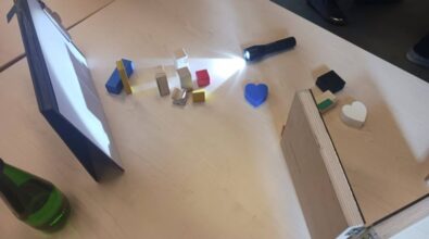 drewniane klocki oświetlone przez latarkę. Cień klocków odbija się na kartce i tworzy jakieś kształty.