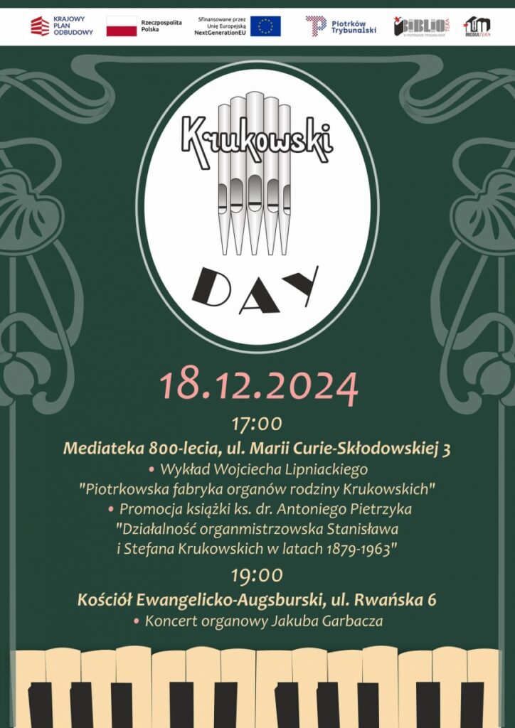 Plakat wydarzenia „Krukowski Day” z dominującym ciemnozielonym tłem i motywami dekoracyjnymi. W centrum znajduje się logo z napisem „Krukowski Day” i grafiką przedstawiającą piszczałki organowe.