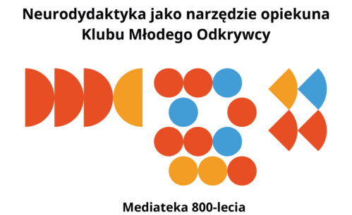 Plakat informujący o warsztatach „Neurodydaktyka jako narzędzie opiekuna Klubu Młodego Odkrywcy”. W górnej części umieszczono logotyp Klubu Młodego Odkrywcy oraz informację o koordynacji programu przez Centrum Nauki Kopernik. Poniżej znajduje się nazwa organizatora – Miejska Biblioteka Publiczna im. Adama Próchnika w Piotrkowie Trybunalskim – oraz zaproszenie na warsztaty. W centralnej części widoczne są kolorowe, geometryczne grafiki w odcieniach czerwieni, pomarańczu i niebieskiego. W dolnej części plakatu podano miejsce i termin wydarzenia: Mediateka 800-lecia przy ul. M. Curie-Skłodowskiej 3, 28 marca w godzinach 9:00–15:00. Zamieszczono również informację o zapisach telefonicznych oraz logotypy partnerów i instytucji współpracujących.