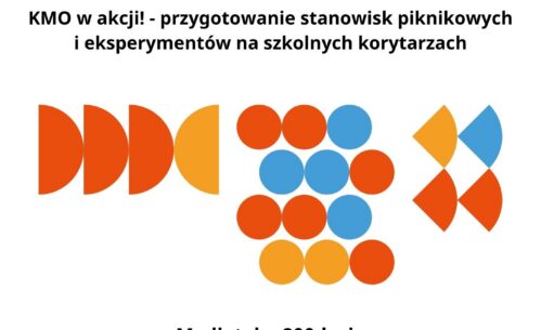 Plakat informacyjny dotyczący warsztatów organizowanych przez bibliotekę. U góry znajdują się logotypy programu „Klub Młodego Odkrywcy” oraz Centrum Nauki Kopernik. Centralnie widnieje nazwa wydarzenia i jego opis, a poniżej kolorowe elementy graficzne złożone z kół i półokręgów. Na dole podano miejsce, datę i godzinę wydarzenia oraz numer telefonu do zapisów, a także logotypy partnerów.