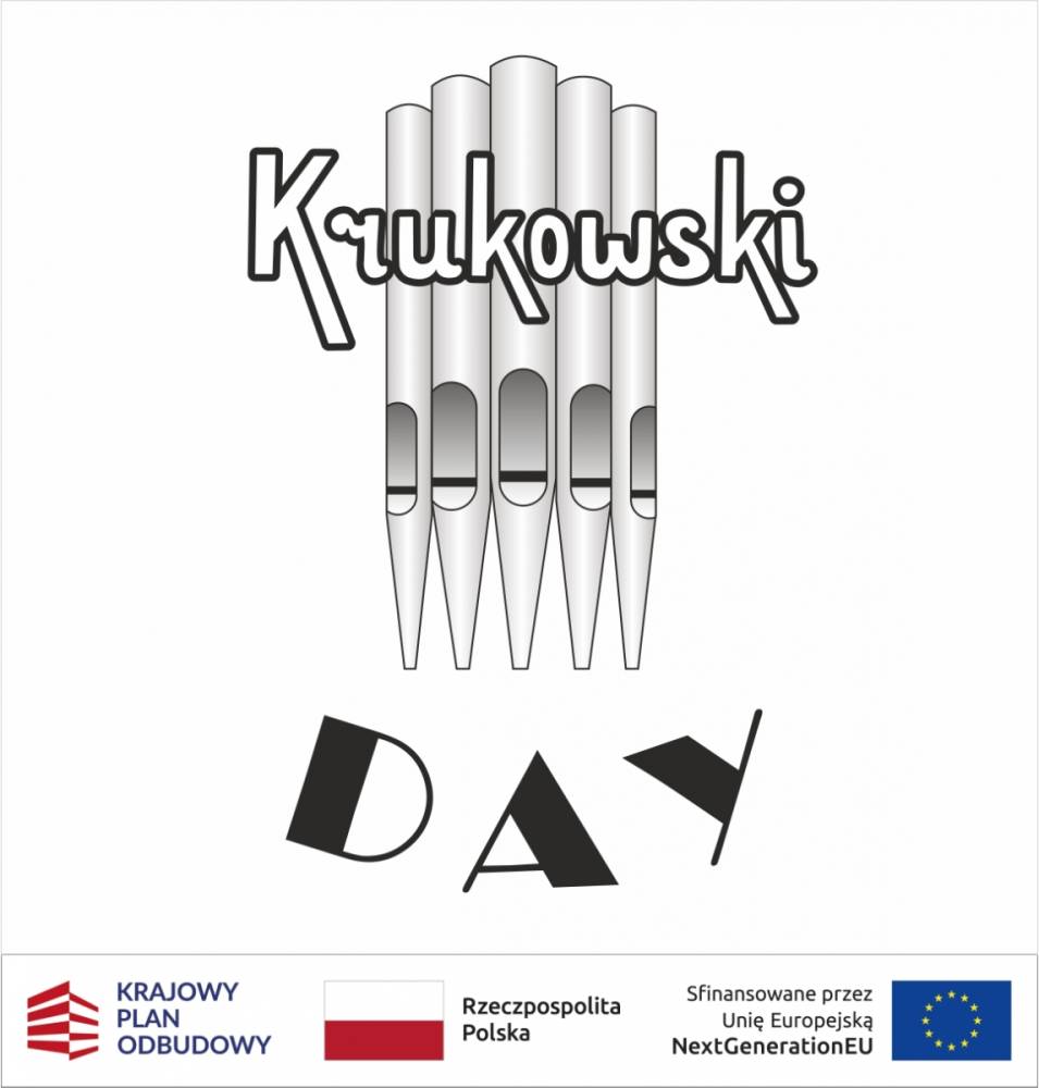 Logotyp wydarzenia Krukowski Day. Logo przedstawia napis „Krukowski” zapisany stylizowaną czcionką, gdzie litery są osadzone na tle graficznego przedstawienia piszczałek organowych. Pod napisem znajduje się wyraz „DAY”, zapisany pochyloną, dynamiczną czcionką, co nadaje kompozycji nowoczesny charakter.