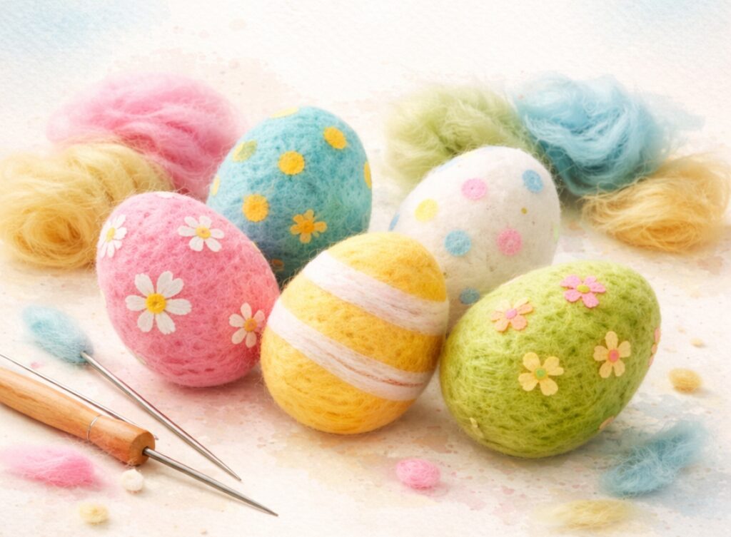 Na grafice widoczne są kolorowe, filcowane pisanki ozdobione wzorami kwiatów, kropek i pasków. Obok nich znajdują się kłębki wełny w pastelowych kolorach oraz narzędzia do filcowania.