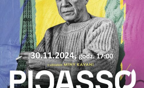 Plakat promujący wydarzenie w kinie Piksel w Mediatece 800-lecia w Piotrkowie Trybunalskim, dotyczące filmu „Picasso. Buntownik w Paryżu”. Centralnym elementem plakatu jest czarno-białe zdjęcie Pabla Picassa na tle kolorowych pasów w odcieniach żółci, zieleni, różu i niebieskiego, z wieżą Eiffla po lewej stronie.