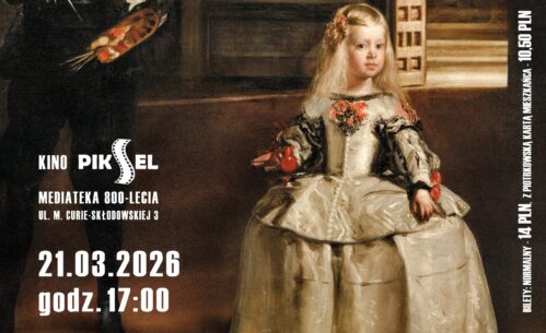 Plakat filmu „Velázquez i jego tajemnica”. W centralnej części widoczna jest stylizowana scena inspirowana obrazem „Las Meninas” Diego Velázqueza – po lewej stronie stoi malarz z paletą i pędzlami, a obok siedzi dziewczynka w jasnej, bogato zdobionej sukni. Na górze znajduje się tytuł filmu „Velázquez i jego tajemnica” oraz informacja o reżyserii Stéphane’a Sorlata. Po lewej stronie umieszczono oznaczenie wiekowe 15+.