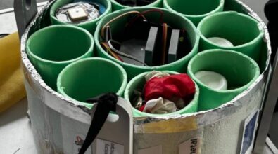 Zdjęcie przedstawia sondę. Widać cylindryczne przegródki z materiałów izolacyjnych oraz elementy elektroniczne.