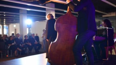 Na scenie Elżbieta Adamiak oraz dwóch mężczyzn grających na kontrabasie oraz keyboardzie. W tle publiczność.