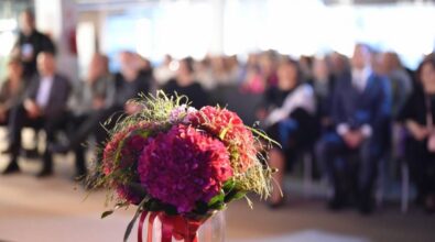 Na pierwszym planie bukiet hortensji, w tle zamazany widok siedzącej publiczność.