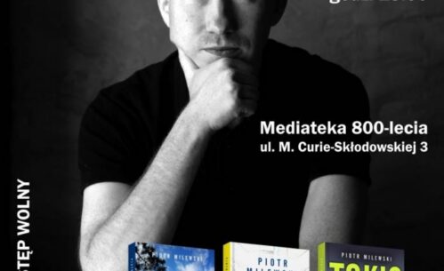 Plakat promujący spotkanie autorskie z Piotrem Milewskim 9.10.2024 godz. 18:00.