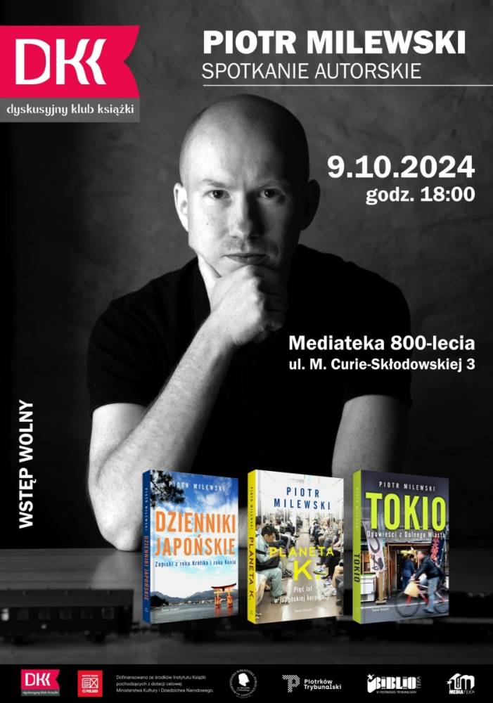 Plakat promujący spotkanie autorskie z Piotrem Milewskim 9.10.2024 godz. 18:00.