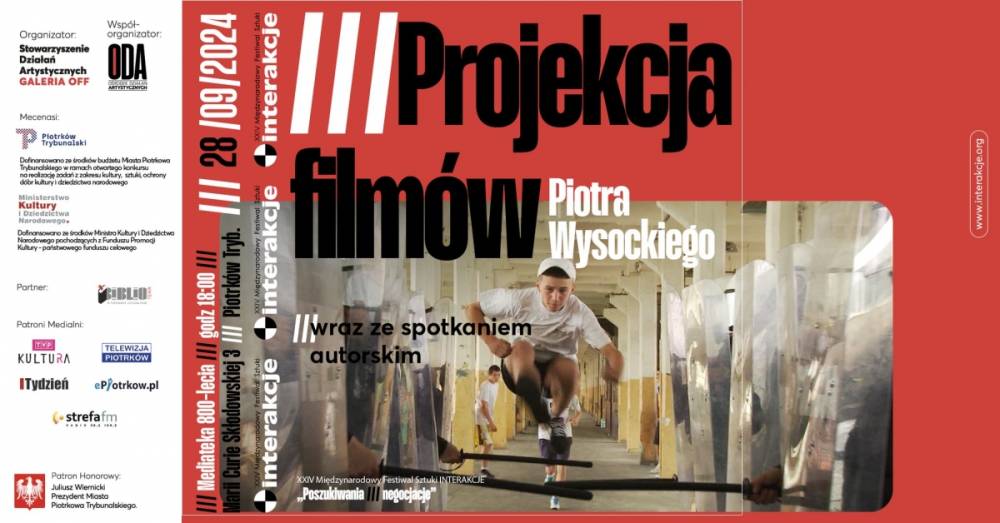 Plakat promujący projekcje filmów Piotra Wysockiego wraz ze spotkaniem autorskim w ramach XXIV Międzynarodowego Festiwalu Sztuki Interakcji. Kino PIKSEL. 28.09.2024 godz. 16.00.