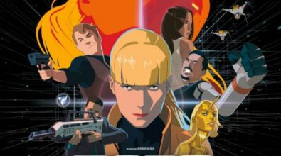 Futurystyczny plakat filmowy o tematyce science fiction. Przedstawia grupę różnych postaci, statki kosmiczne i miejskie krajobrazy