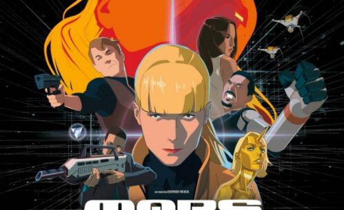 Futurystyczny plakat filmowy o tematyce science fiction. Przedstawia grupę różnych postaci, statki kosmiczne i miejskie krajobrazy