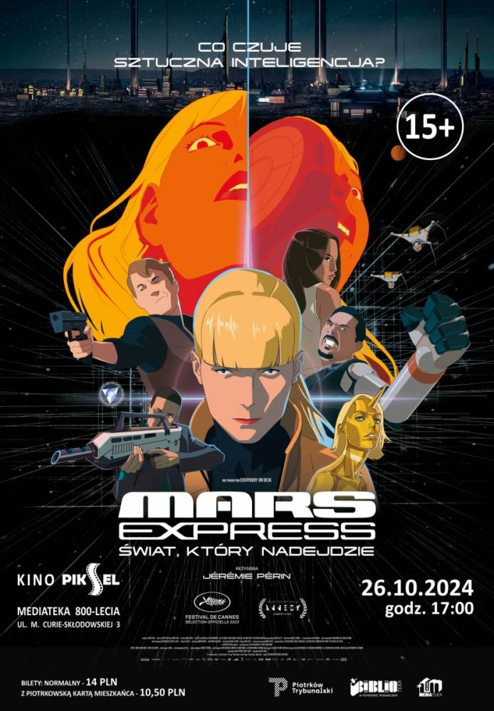 Futurystyczny plakat filmowy o tematyce science fiction. Przedstawia grupę różnych postaci, statki kosmiczne i miejskie krajobrazy
