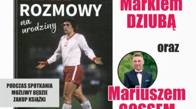 Plakat informuje o spotkaniu z Markiem Dziubą 5 maja o godz. 18:00 w Mediatece 800-lecia w Piotrkowie Trybunalskim. Wstęp wolny, możliwość zakupu książki „Rozmowy na urodziny”.