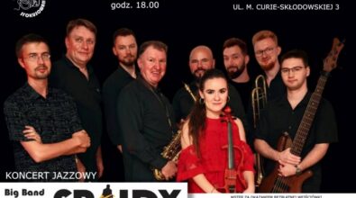 Plakat promujący koncert jazzowy. Plakat przedstawia grupę muzyków trzymających różne instrumenty, w tym saksofon, trąbkę i gitarę basową. Na plakacie znajduje się tekst z informacjami o wydarzeniu: 19.10.2024, godz. 18.00. Mediateka 800-lecia. Wstęp za okazaniem bezpłatnej wejściówki (Do odebrania w Mediatece 800-lecia oraz filii nr 1 MBP od 11.10)