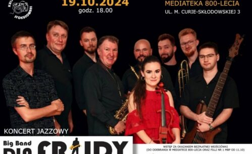 Plakat promujący koncert jazzowy. Plakat przedstawia grupę muzyków trzymających różne instrumenty, w tym saksofon, trąbkę i gitarę basową. Na plakacie znajduje się tekst z informacjami o wydarzeniu: 19.10.2024, godz. 18.00. Mediateka 800-lecia. Wstęp za okazaniem bezpłatnej wejściówki (Do odebrania w Mediatece 800-lecia oraz filii nr 1 MBP od 11.10)