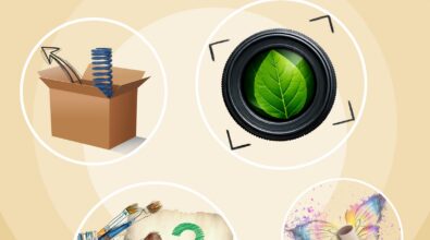 Plakat informacyjny z napisem „Eko konkursy rozstrzygnięte”. W centralnej części znajdują się cztery okrągłe grafiki: pudełko z elementami, obiektyw z liściem, przybory malarskie oraz kolorowy motyl. W prawym górnym rogu widoczny jest logotyp „EkoEKA”. Na dole umieszczono logotypy instytucji oraz informację o dofinansowaniu.