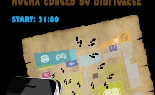 Plakat promujący podchody biblioteczne podczas Nocy Bibliotek. Na zdjęciu kolorowe napisy i mapa.