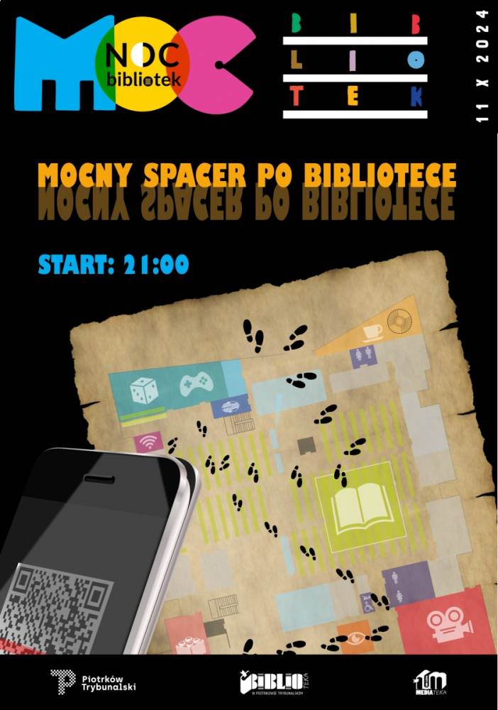 Plakat promujący podchody biblioteczne podczas Nocy Bibliotek. Na zdjęciu kolorowe napisy i mapa.