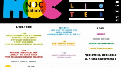 Kolorowy plakat reklamujący Noc Bibliotek 11.10.2024.