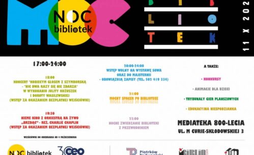 Kolorowy plakat reklamujący Noc Bibliotek 11.10.2024.