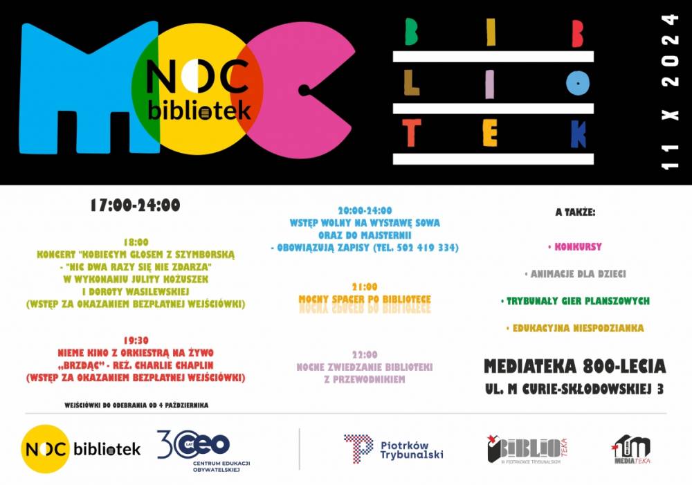 Kolorowy plakat reklamujący Noc Bibliotek 11.10.2024.