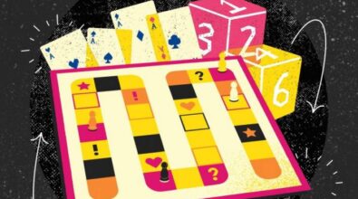 Plakat promujący Trybunały Gier Planszowych podczas Nocy Bibliotek. Na zdjęciu różnorodne kolorowe gry planszowe