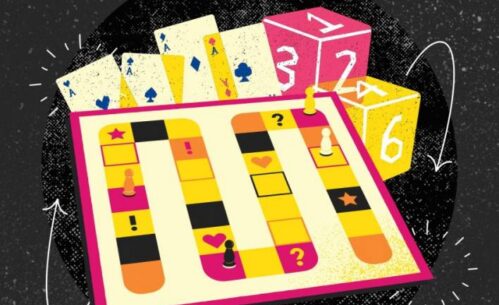 Plakat promujący Trybunały Gier Planszowych podczas Nocy Bibliotek. Na zdjęciu różnorodne kolorowe gry planszowe