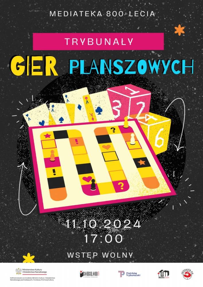 Plakat promujący Trybunały Gier Planszowych podczas Nocy Bibliotek. Na zdjęciu różnorodne kolorowe gry planszowe